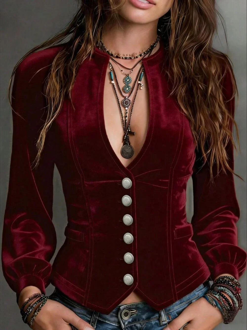 Burgundy Elegant Women's Plain Slim Fit Button Regular Sleeve V-Neck Blouse